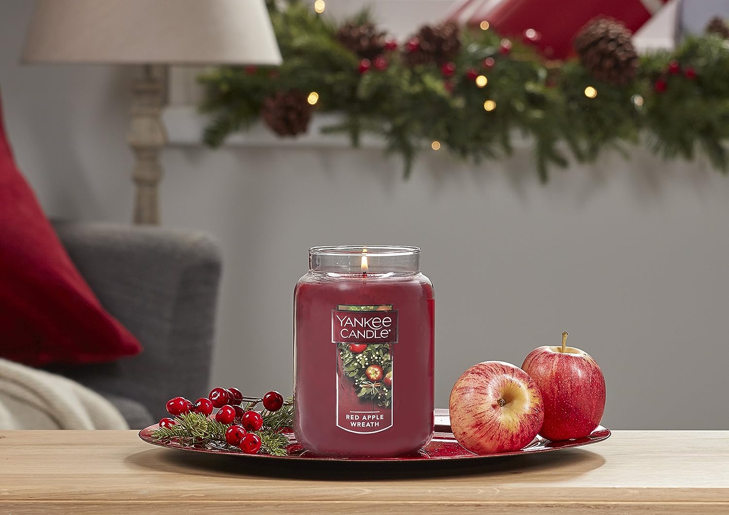 Yankee Candle Red Apple Wreath Scented, Classic 22oz Large Jar Single Wick Candle, Over 110 Hours of Burn Time, Christmas | Holiday Candle - 24hrsmart